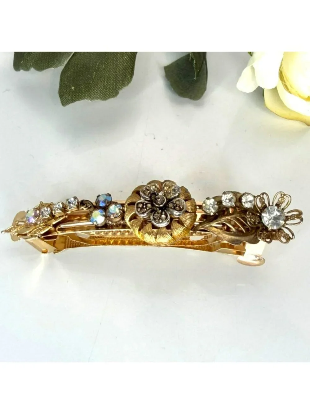 Gold Rhinestone Flower Barrette | Handmade Vintage Jewelry Hair Clip | One of a